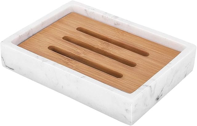 Luxspire Soap Dish Tray, Resin Soap Dish, Bamboo Soap Bar Holder Box for Shower Kitchen Sink, Double Layer Draining Soap Container Box, Wood Soap Case, Bathroom Marble Pattern Tray, Gravel White