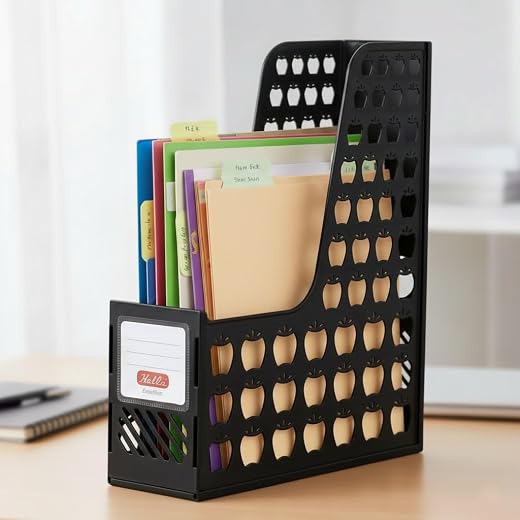 SOLDTRUE Office Desktop Organizer Book Document Storage Rack File Holder Folding Paper File Rack (Plastic Rack, Black)