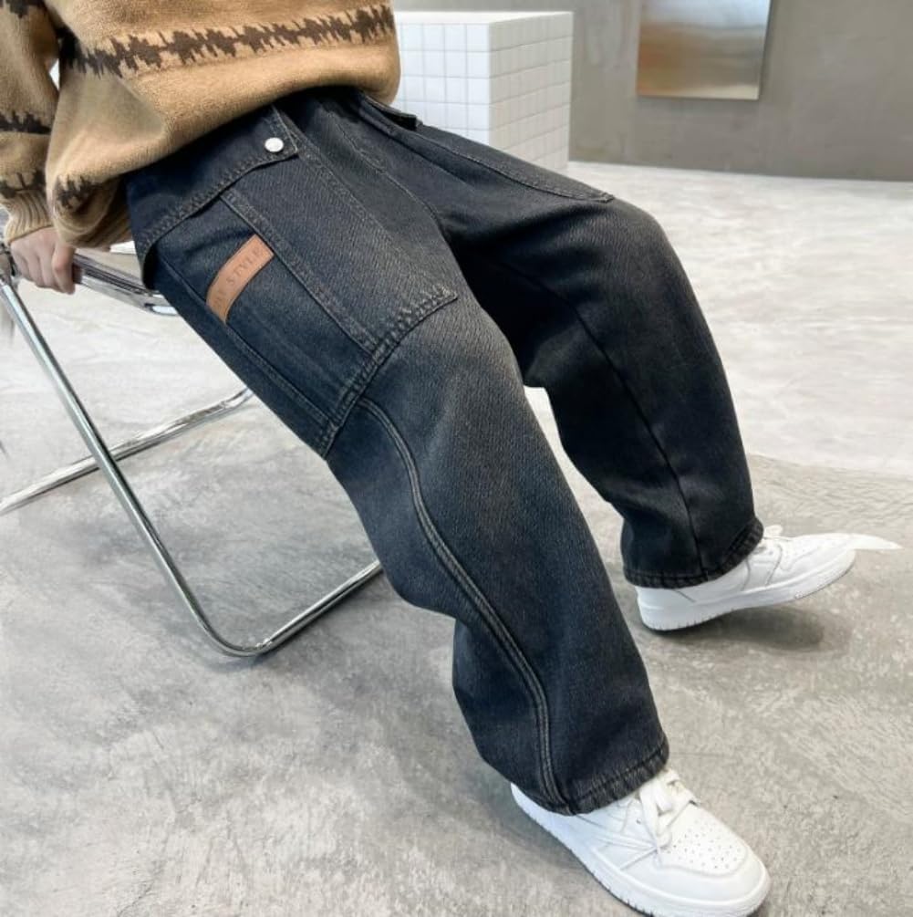 Boy's Baggy Wide Leg Jeans Straight Stretch Elastic Waist Loose Denim Pants with Pockets