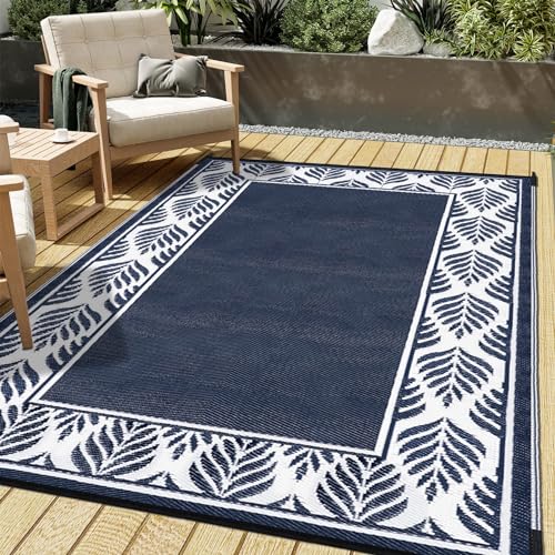 HUGEAR Outdoor Plastic Straw Rug, Waterproof Mat, Washable Large Floor Mat and Rug for Outdoors, RV, Beach, Patio, Camping, Backyard, Deck, Picnic, Outside (5x8ft,Olive-Leaf/Dark Blue&White)