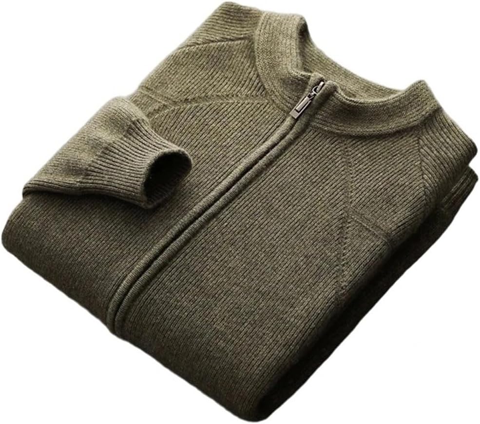 Men's Wool Sweater Cardigan Mock Neck Zippers Textured 100 Percent Merino Wool Thick Cashmere Raglan Sleeve Fall