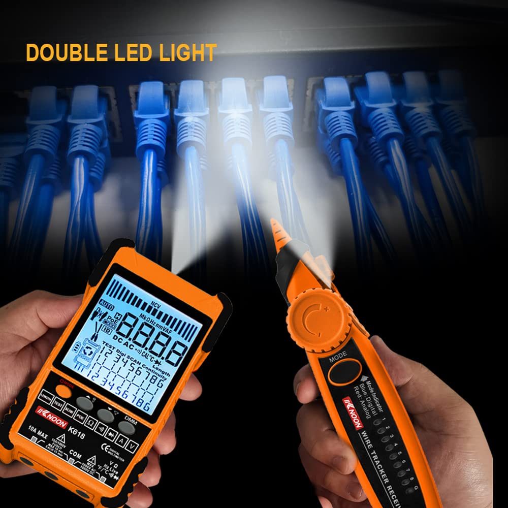 Tester per Cavi di Rete, Localizzatore di Cavi Multifunzione POE con Schermo LCD, Abbinamento di ID di Cavi Lunghezza del Cavo di Rete Misura di Cortocircuito Aperto con 3 Accessori di Abbinamento ID