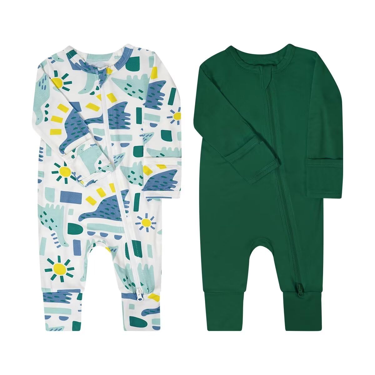 Teach Leanbh Baby Boys Girls 2 Pack Bamboo Viscose Pajamas with Mitten Cuffs 2 Way Zipper Long Sleeve Romper Sleep and Play
