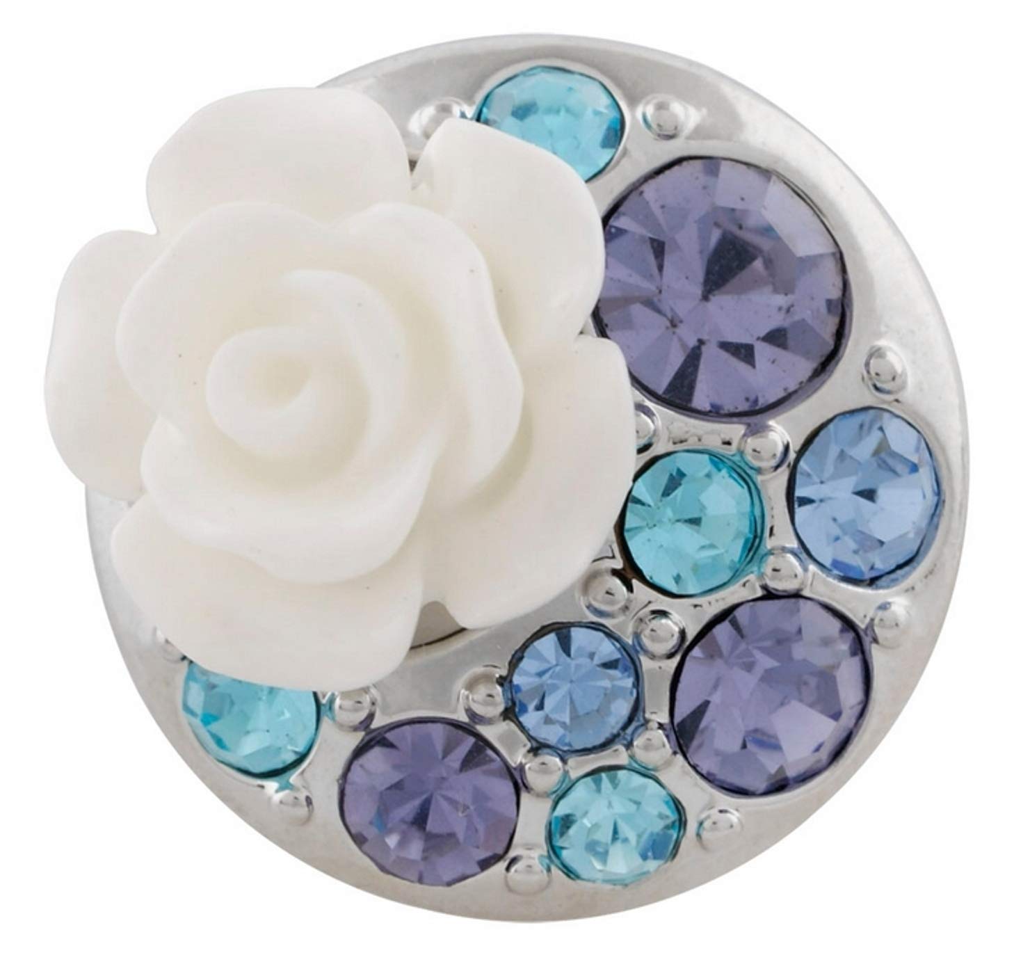 Rockin Angels Blue Purple Rhinestone Cluster White Flower 20mm Snap Charm Fits Ginger Snaps Jewelry