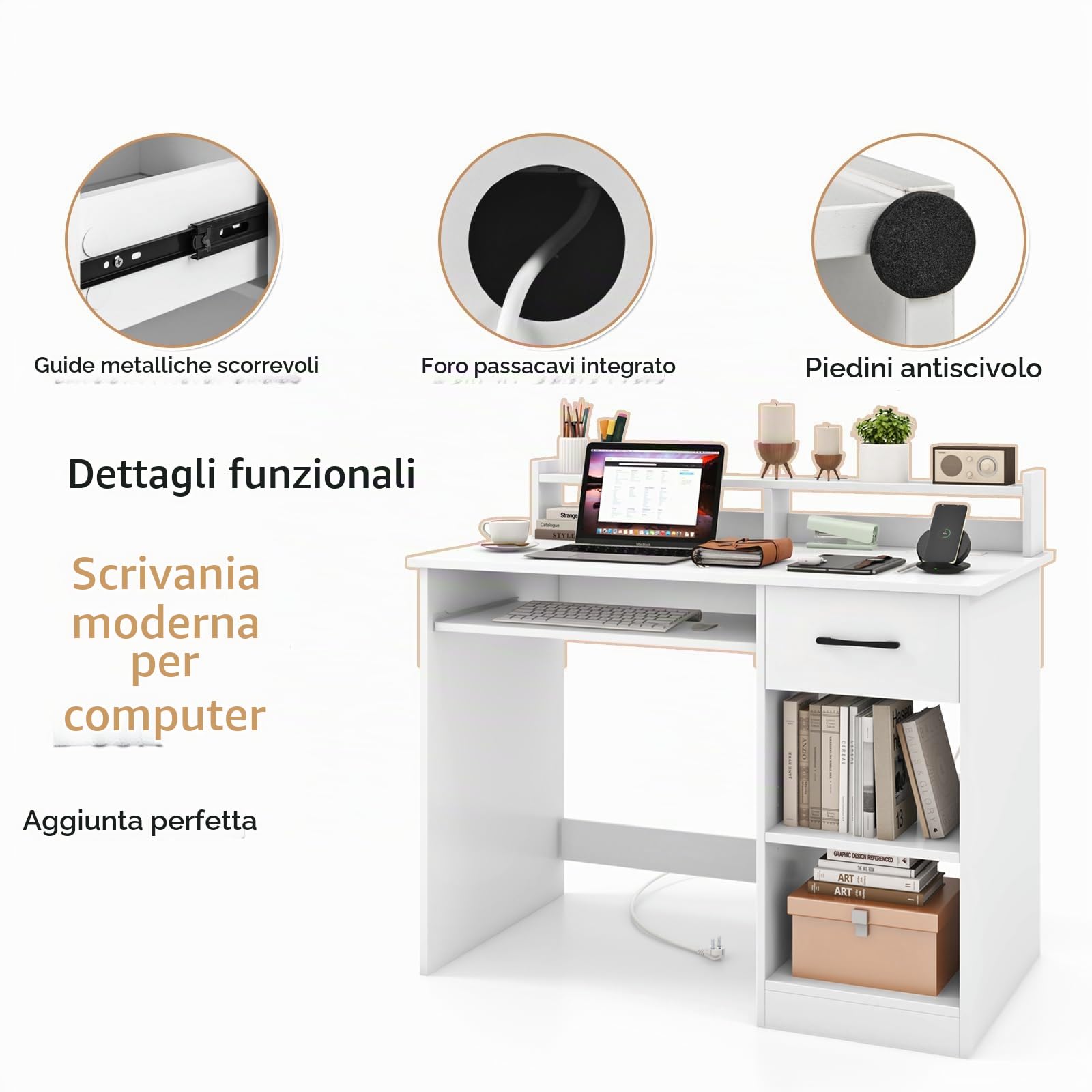 LIFEZEAL Scrivania Ufficio per Computer, con Cassetto, Supporto di Monitor, Vassoio per Tastiera, Salvaspazio, Postazione di Lavoro, Scrittoio, Tavolo Porta PC, Laptop, in Legno, Max 45kg, Bianco