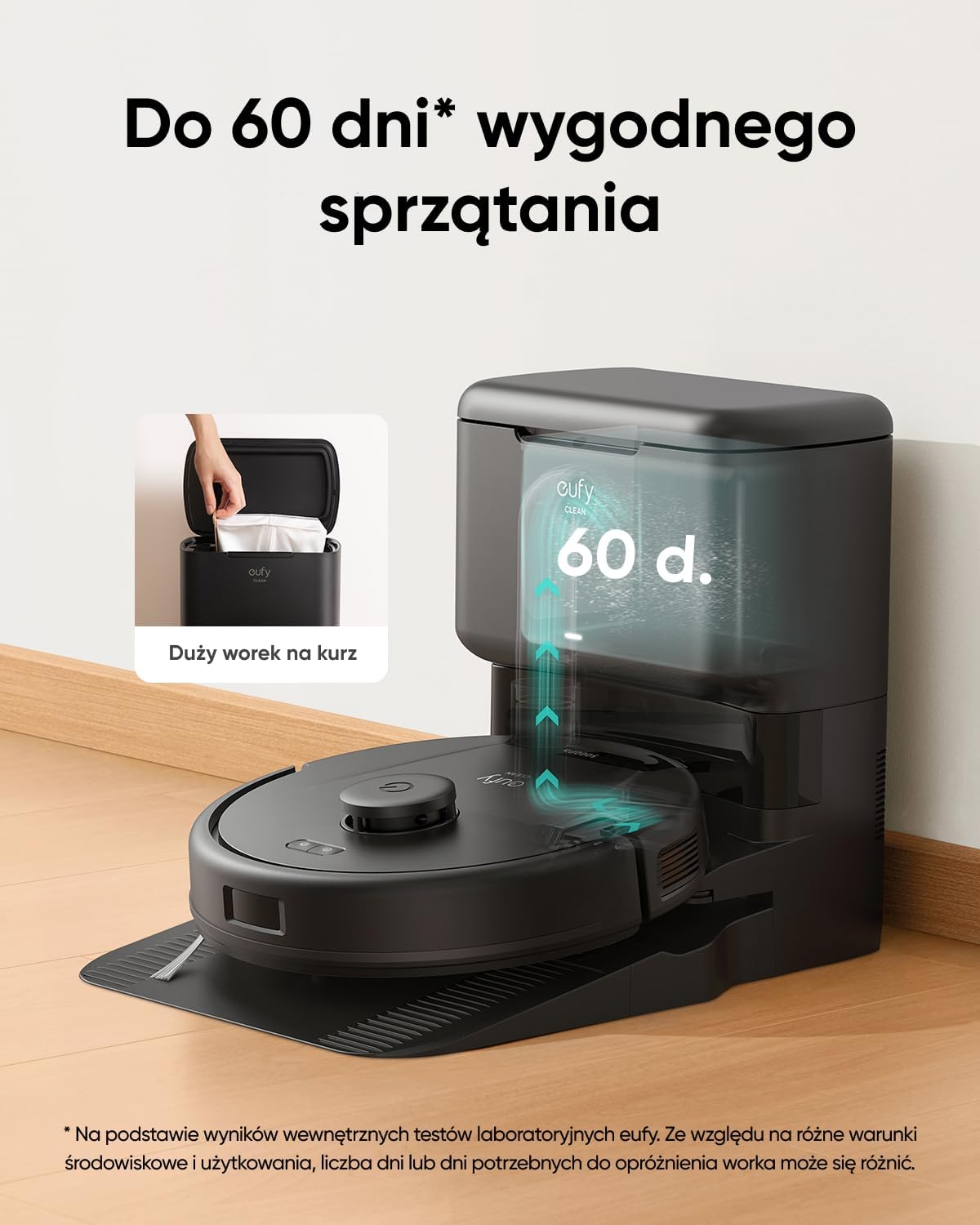 eufy Clean L60 robot odkurzający ze stacją ssącą, bardzo duża siła ssąca 5000 Pa, zapobiega plątaniu się włosów, stacja odsysająca 60 dni bez opróżniania, nawigacja laserowa iPath(odnowiona)