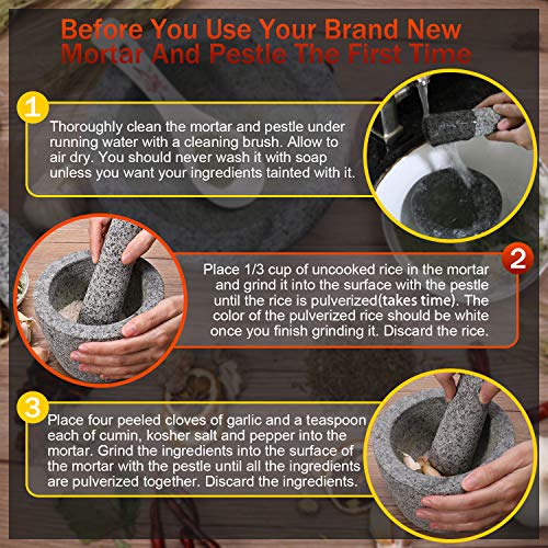 Mortar and Pestle Set with Longer Pestle(6.25'') and Anti-scratch Pad, Granite Unpolished Molcajete, Spices Grinder for Guacamole, Herb, Spices, Pastes, Salads - Thumbnail 6