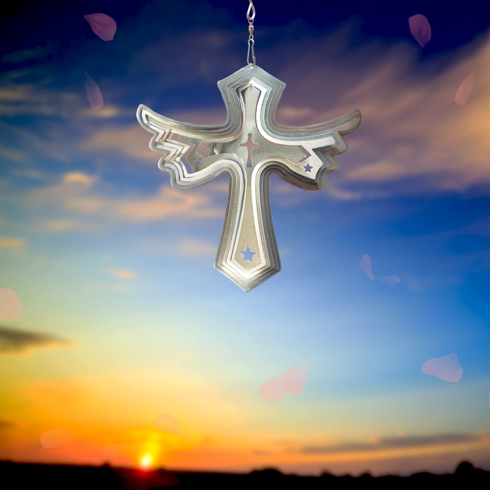 Fonmy Stainless Steel Wind Spinner Worth Gift Indoor Outdoor Garden Decoration Crafts Ornaments Metal Art Kinetic Yard Art Decorations 8 inch Silver Color Cross Wind Spinners