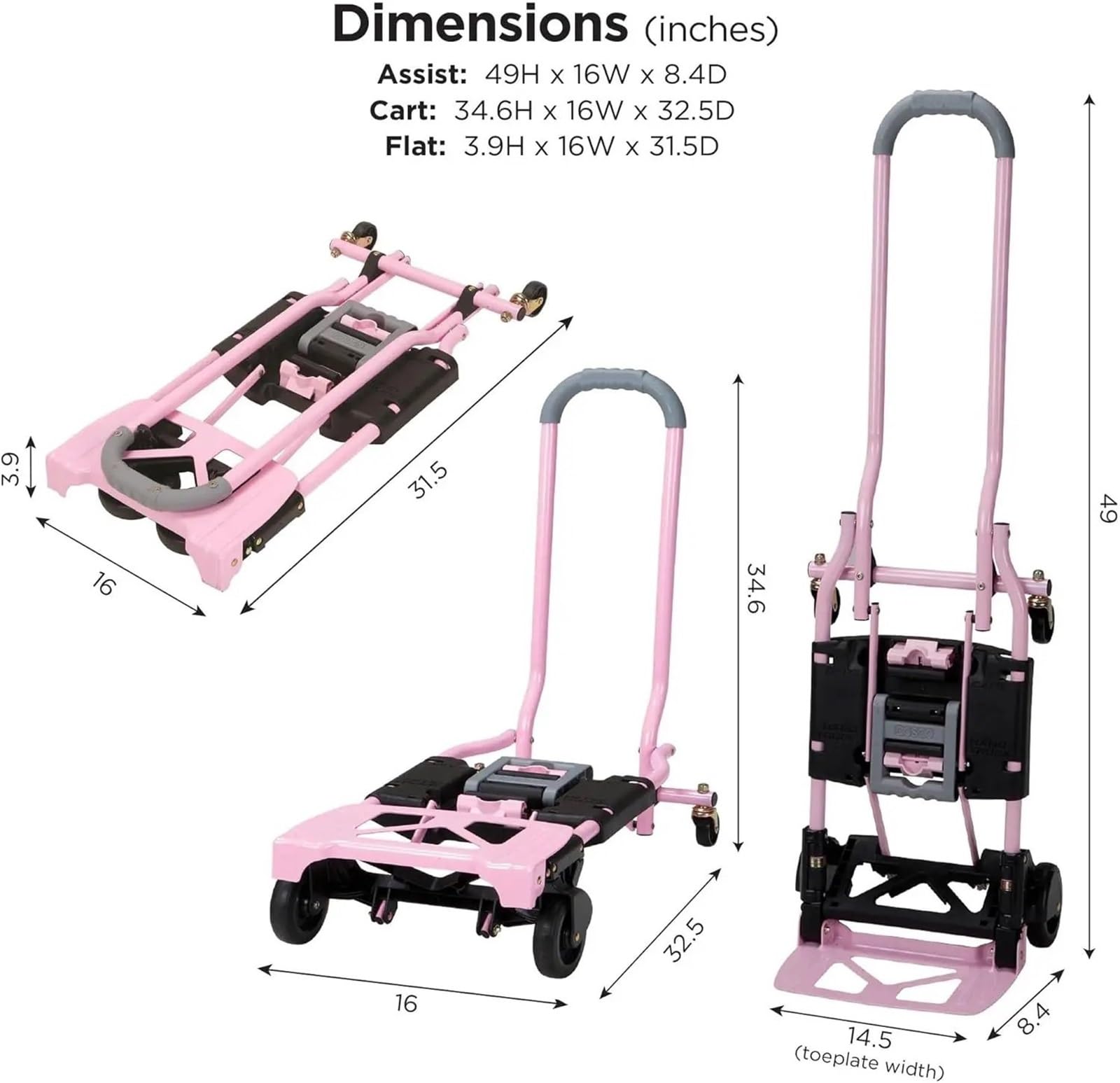 Trolleys Chariots de manutention Diable et Chariot Pliable Multi-Positions, 300 LB. Capacité Poids, Rose