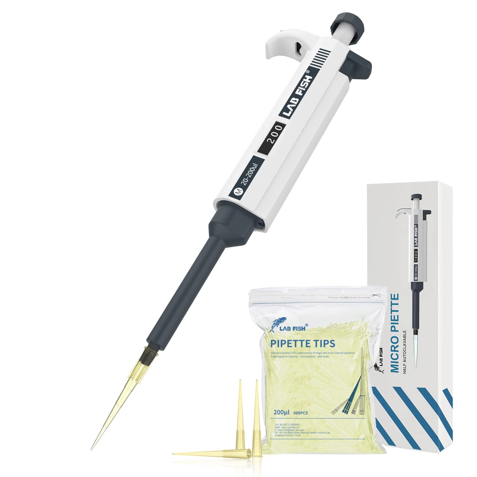 LAB FISHLaboratory Micropipette 20-200ul Capacity Range High Accurate Single Channel Pipettor Manual Adjustable Volume Pipettes Increment 1ul with 600pcs 200ul Pipette Tips Set