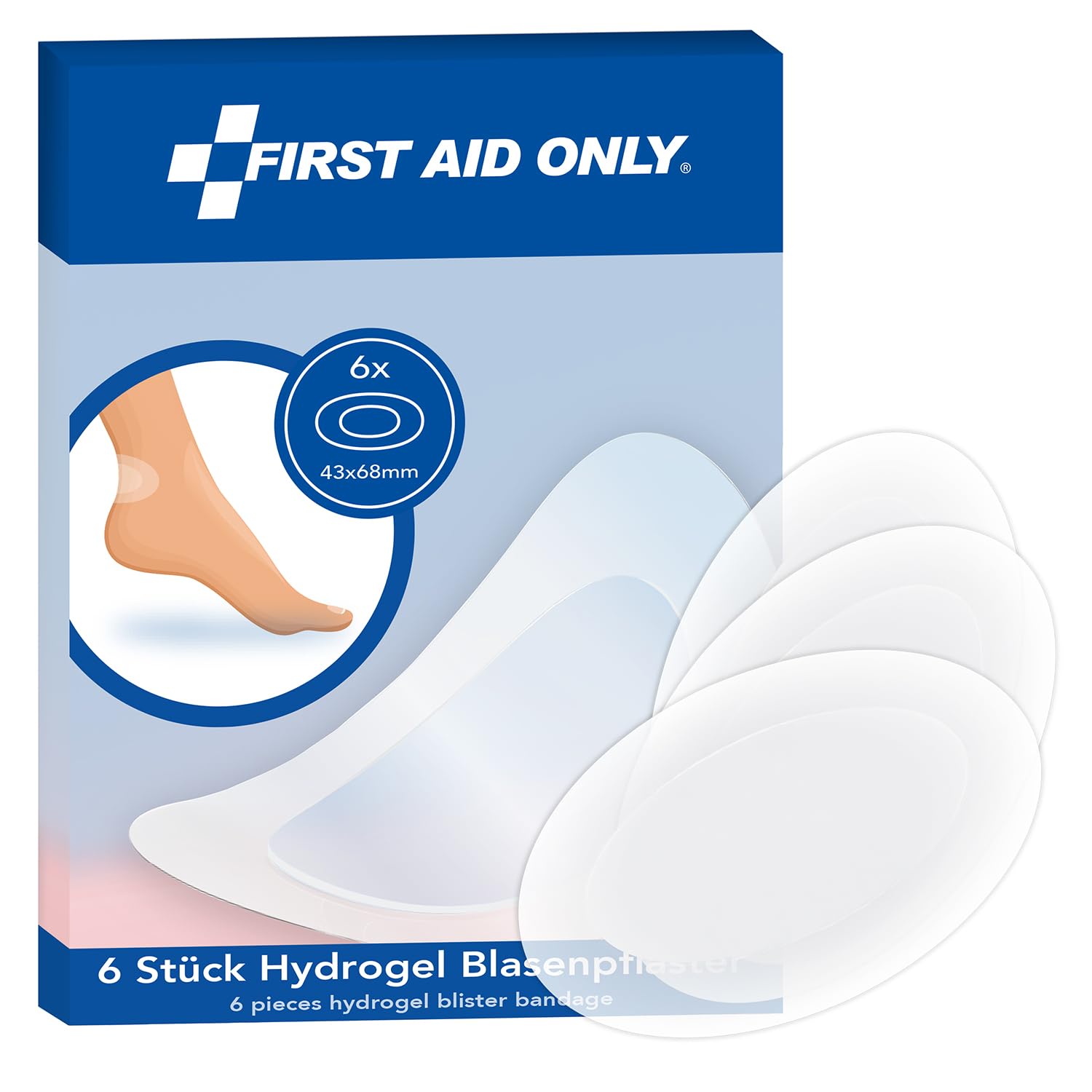 First Aid Only Hydrogel Blister Plaster 6 Pieces | Oval Plasters 43 x 68 mm, Transparent & Water-Repellent | Protects, Cools and Supports Healing | Flexible with Perfect fit | P-10070