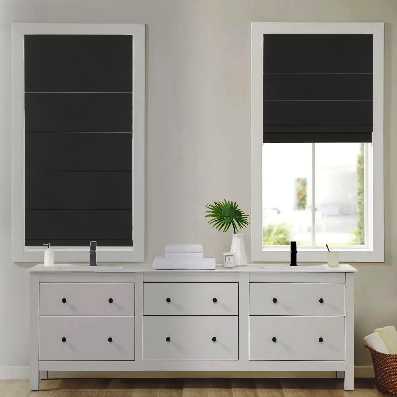 Changshade Cordless Blackout Roman Shades for Indoor Windows Custom Size, Black Out Room Darkening French Door Window Roman Blinds for Bedroom Bathroom, Heat Blocking Thermal Insulated Privacy, Black