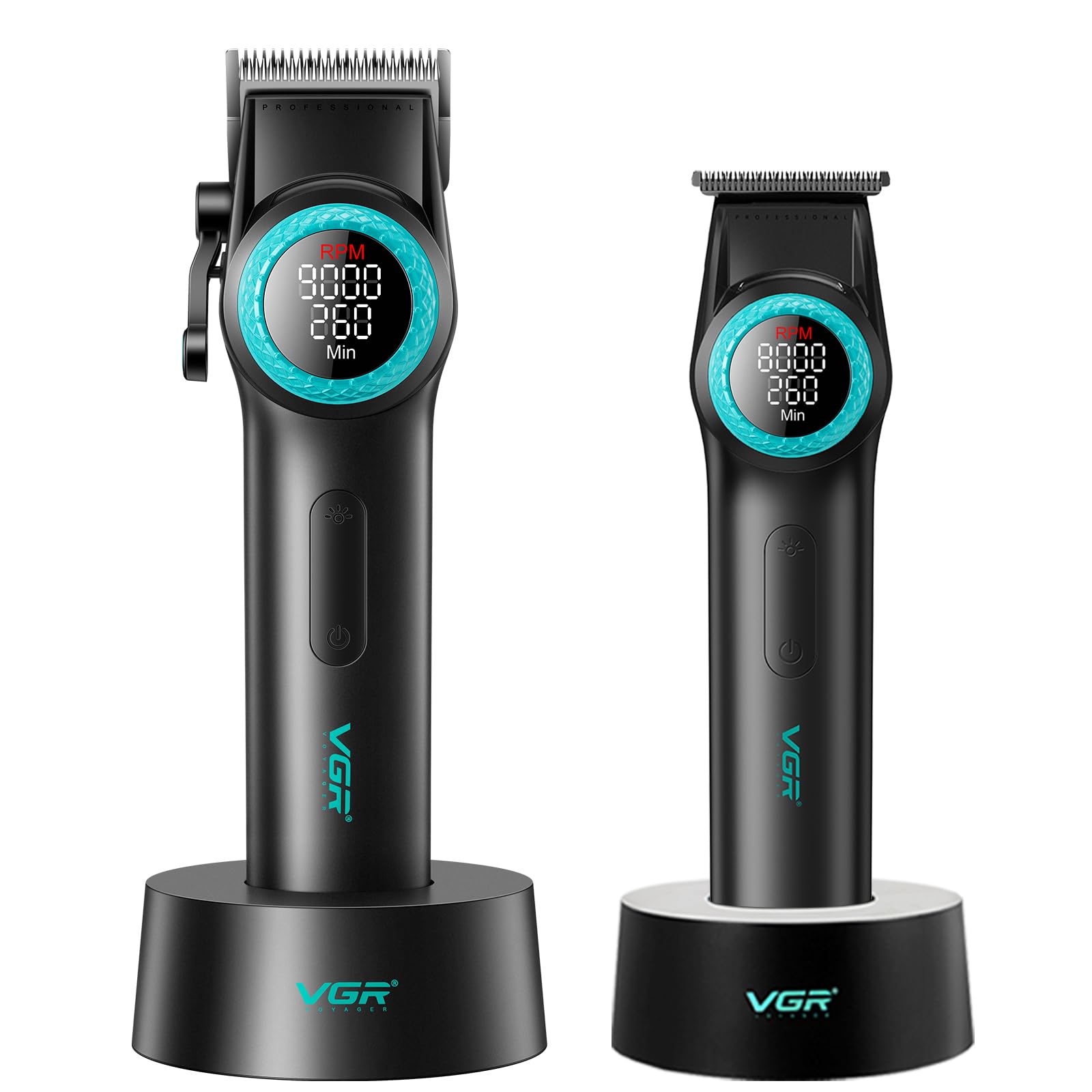VGR 001 & 977 Tagliacapelli Uomo Professionale, Set Macchinetta per Capelli e Trimmer Zero Gap Senza Fili, Kit Barbiere con Lama DLC e Luce LED Spot, Ricarica USB con Base di Ricarica, Nero