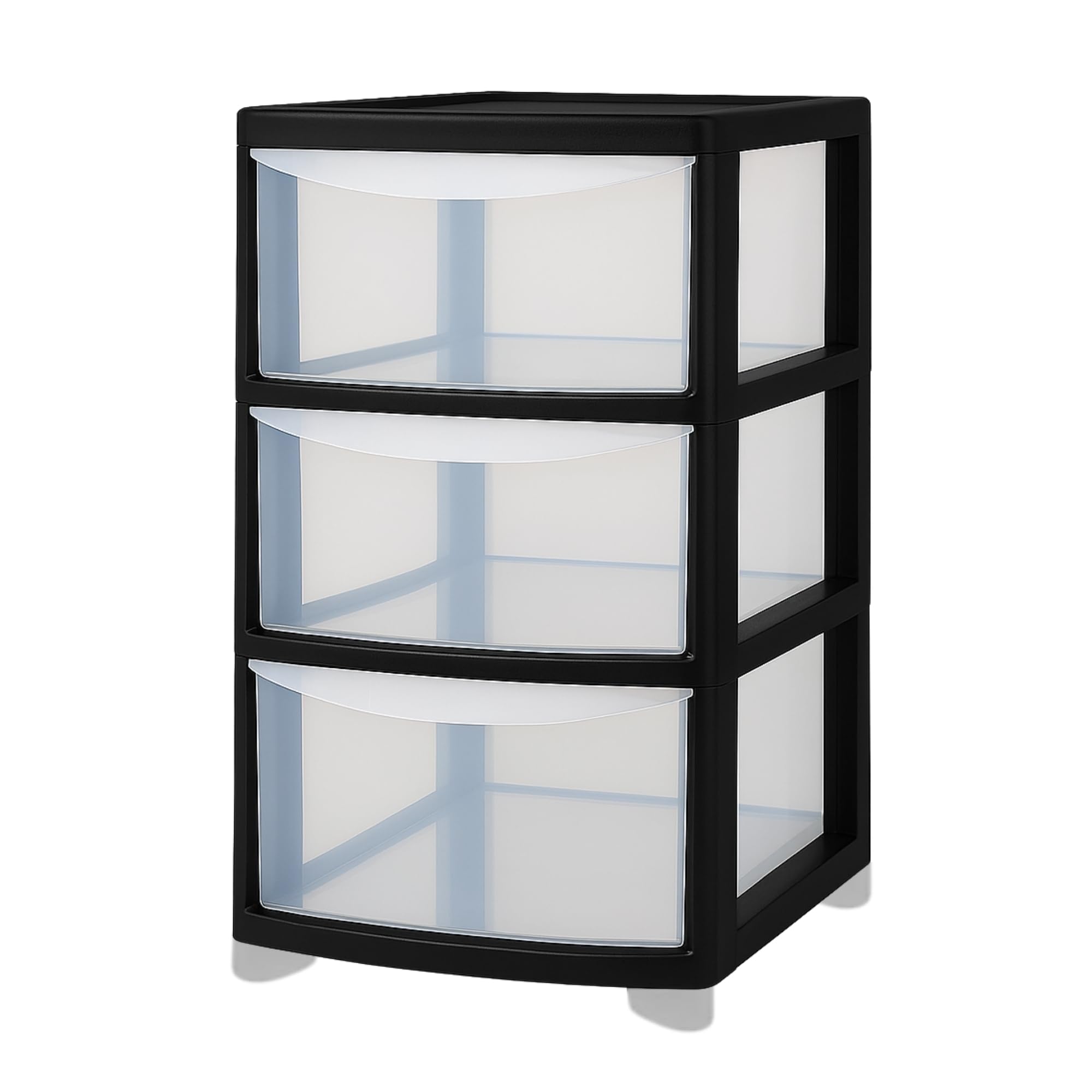KYY'Z - Large Plastic Rattan Storage Drawers Unit with Deep Pull-Out Baskets - Durable Multipurpose Cabinet Organizer for Home Office, Bedroom, Bathroom, Garage, Utility Room (Black/Clear, 3 Tier)
