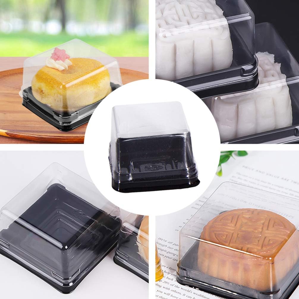 100 Pcs Mini Cake Containers with Lids, 2.75" Square Mooncake Box for 50g Pastry, Clear Plastic Individual Cupcake Holder for Muffin, Egg-Yolk Puff, Dessert Display (Black)