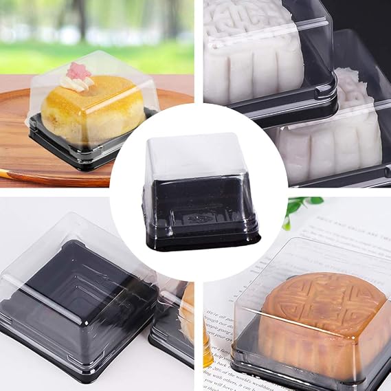 100 Pcs Mini Cake Containers with Lids, 2.75 Square Mooncake Box for 50g Pastry, Clear Plastic Individual Cupcake Holder for Muffin, Egg-Yolk Puff, Dessert Display (Black)