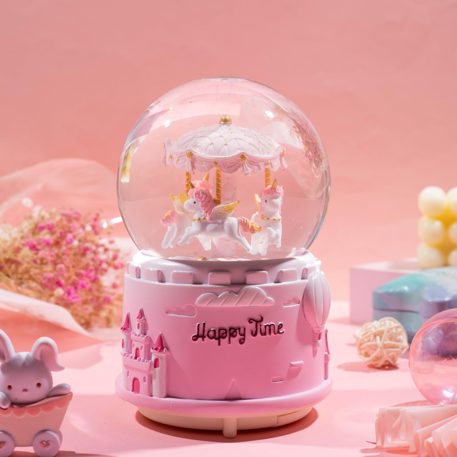 Unicorn Musical Snow Globe for Children Girls Carousel Music Box with 7 Led Lights Swirling Glitter for Birthday Valentines