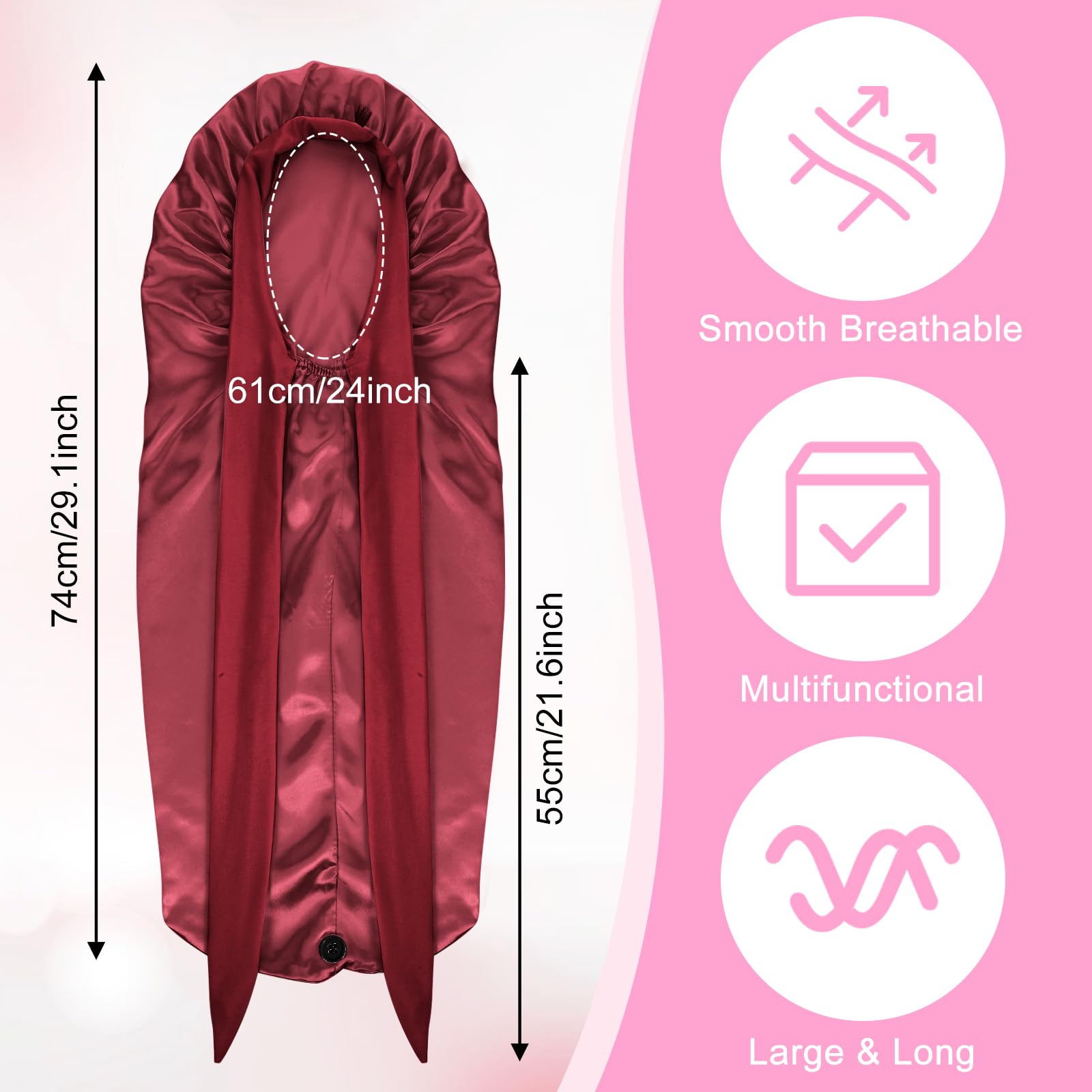Abeillo Long Satin Bonnet for Women Sleeping Silk Bonnet Large Hair Cap Silk Hair Bonnets with Tie Band for Braids Curly Hair (Wine Red) - Image 2