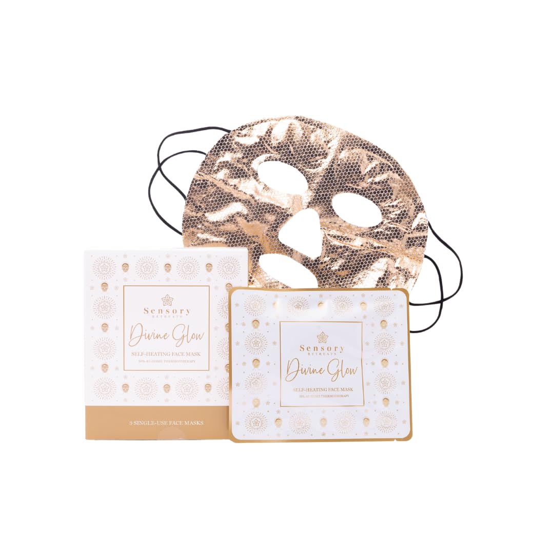 3 Sensory Retreats Divine Glow Self-Heating Face Mask Box of 3, Heated Sheet Mask, Hydrating Facial Mask, Facial Mask, Spa Facial, Relaxation