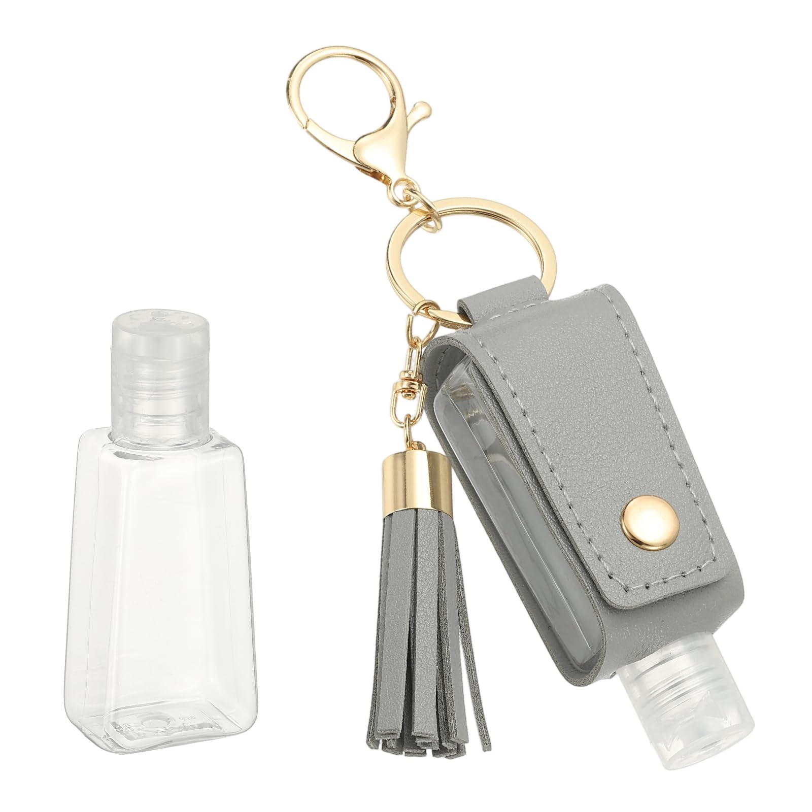 sourcing map Portable Travel Empty Bottle with Keychain, 30ml PU Leather Mini Squeeze Bottles, Hand Liquid Refillable Container Travel Size for Toiletry Lotion Shampoo Liquid Soap, Gray