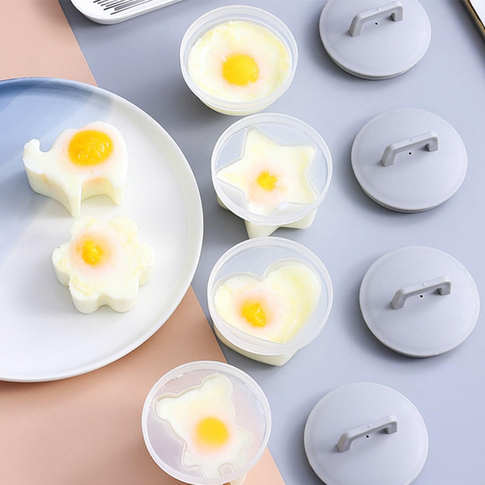 4pcs Boiled Egg Mold, Nonstick Plastic Cute Steamed Egg Mould Egg Bite Mold Hard Boiled Egg Shaper with Oil Brush for Breakfast Sandiwches Snacks (White)