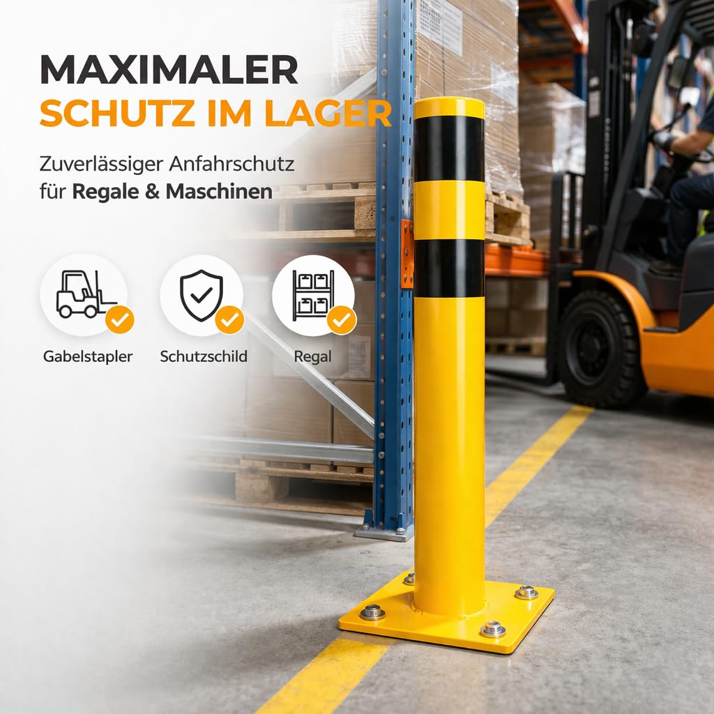 Poller aus Stahl – Lagerschutz für Ecken | Schutzbügel für Regale, Hochregale, Einfahrten, Höfe und Garagen (Pfosten 100 cm)