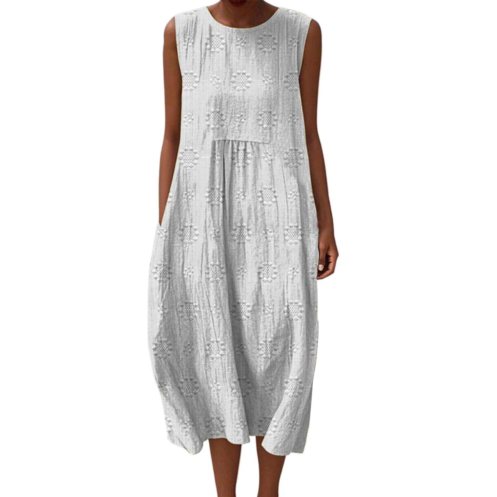Robe Lin Femme D'été Coton Grande Taille Bohème Chic Vacances Trapèze Longue Décontractée sans Manches Élégante Plage Mi Fluide Fleurie Vêtements Rondes Fête Légère Vintage A-Line Poches Midi