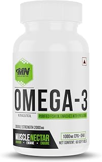 Muscle Nectar (MN) Omega 3 Fish Oil Double Strength 2000mg for Men & Women - Molecularly Distilled (1000mg EPA/DHA) (60 So... Price In India