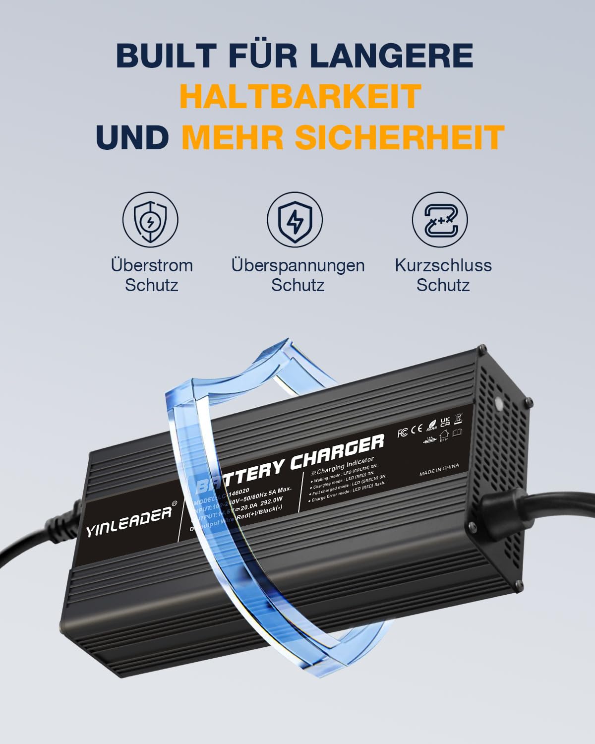 LiFePO4 Autobatterie Ladegerät 20A 12V, Vollautomatisches Intelligentes ladegerät für Lithium-Eisenphosphat-Batterien 14,6V 20A - Mehrfacher Schutz Kompakte Größe