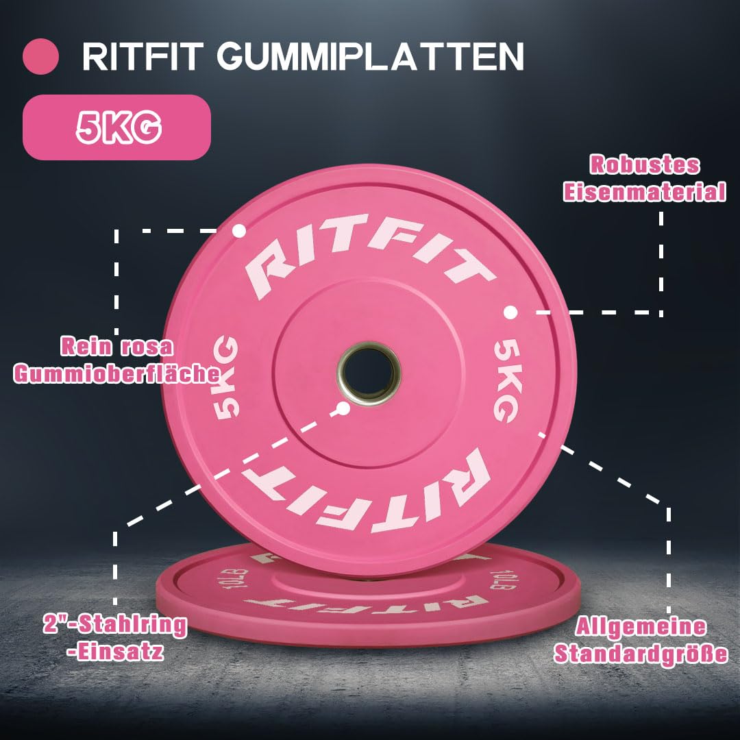 RitFit Hantelscheiben, Olympische Bumper Plates 5-20kg | Ø50mm Bohrung, Vollgummi, für Krafttraining, Hantel Gewichte für Langhantel