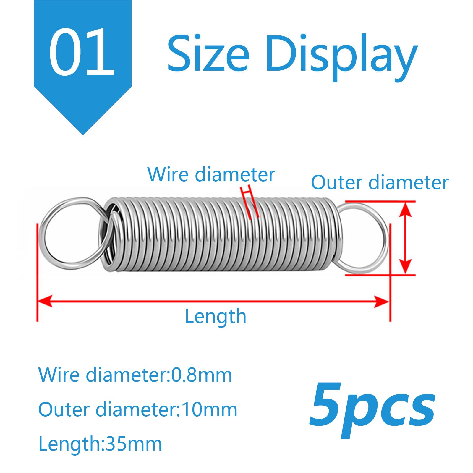 UpGBRF Extension Spring Stainless Steel Dual Hook Tension Springs for Craft, Wire Diameter 0.8mm, 5Pcs,Od:10mm,Length:35mm
