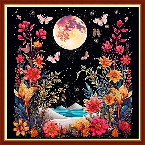 Image of Foxhool Beginners Cross Stitch Kits Stamped Full Range of Embroidery Kits for Adults DIY Cross Stitches kit Embroidery Patterns for Needlepoint kit-Colorful Flower Moon 17.7x17.7 inch