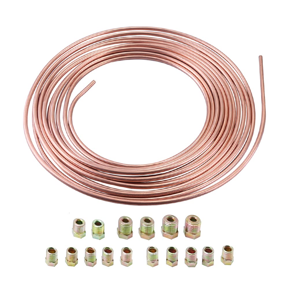25Ft 3/16 Copper-Nickel Coated Alloy Brake Line Tubing Coil Kit Tube Roll with 16 Fittings