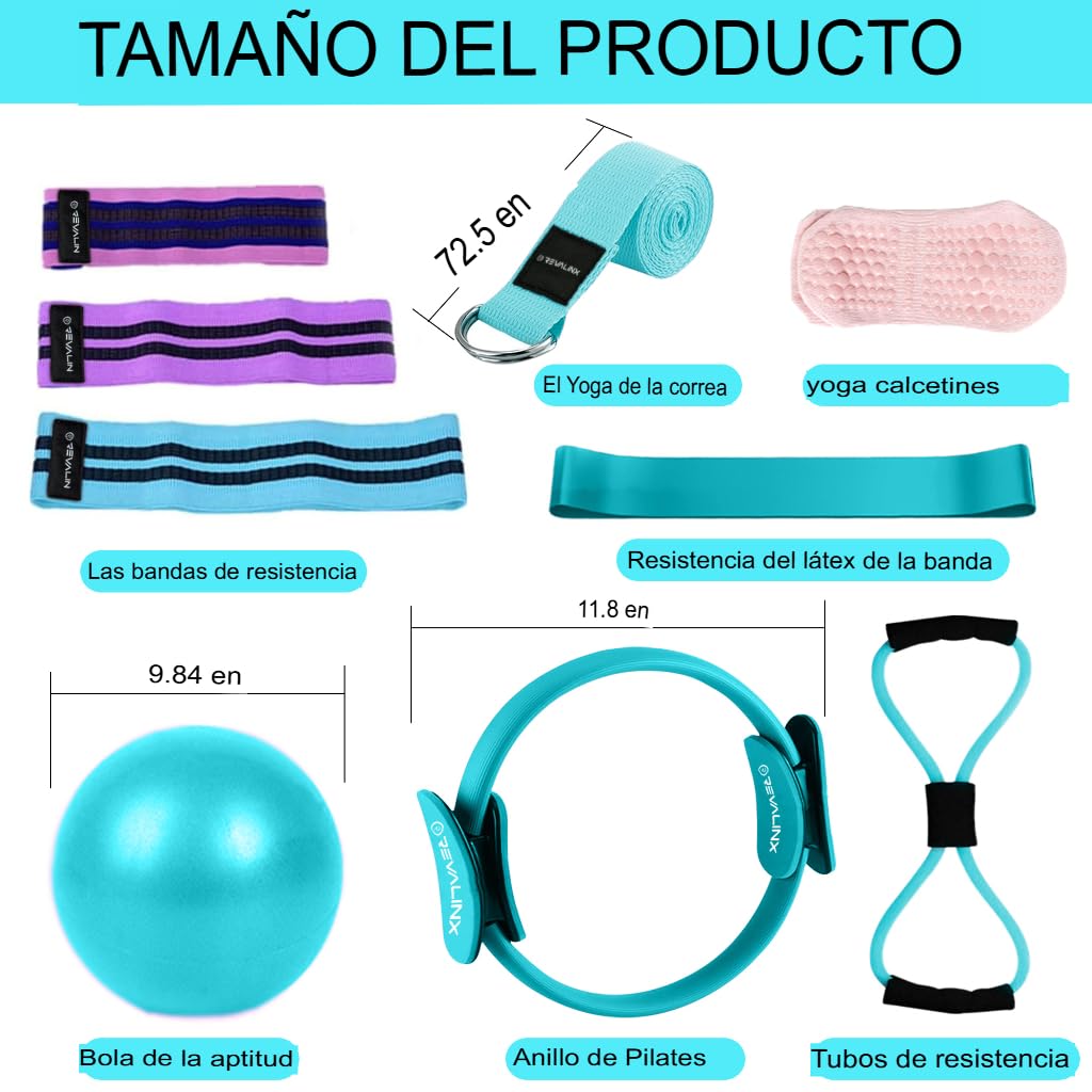 Kit Pilates Casa 9pcs, Conjunto Yoga Pilates con Aro Pilates Mujer, Pelota Yoga, Bandas Resistencia, Correa, Elástico, Calcetines Antideslizantes, Accesorios Pilates Mujer