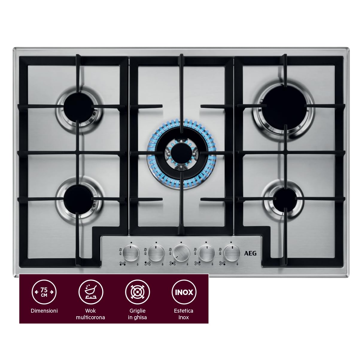 AEG HGB75400SM Piano Cottura a Gas 75 cm 5 Fuochi Griglie in Ghisa Inox