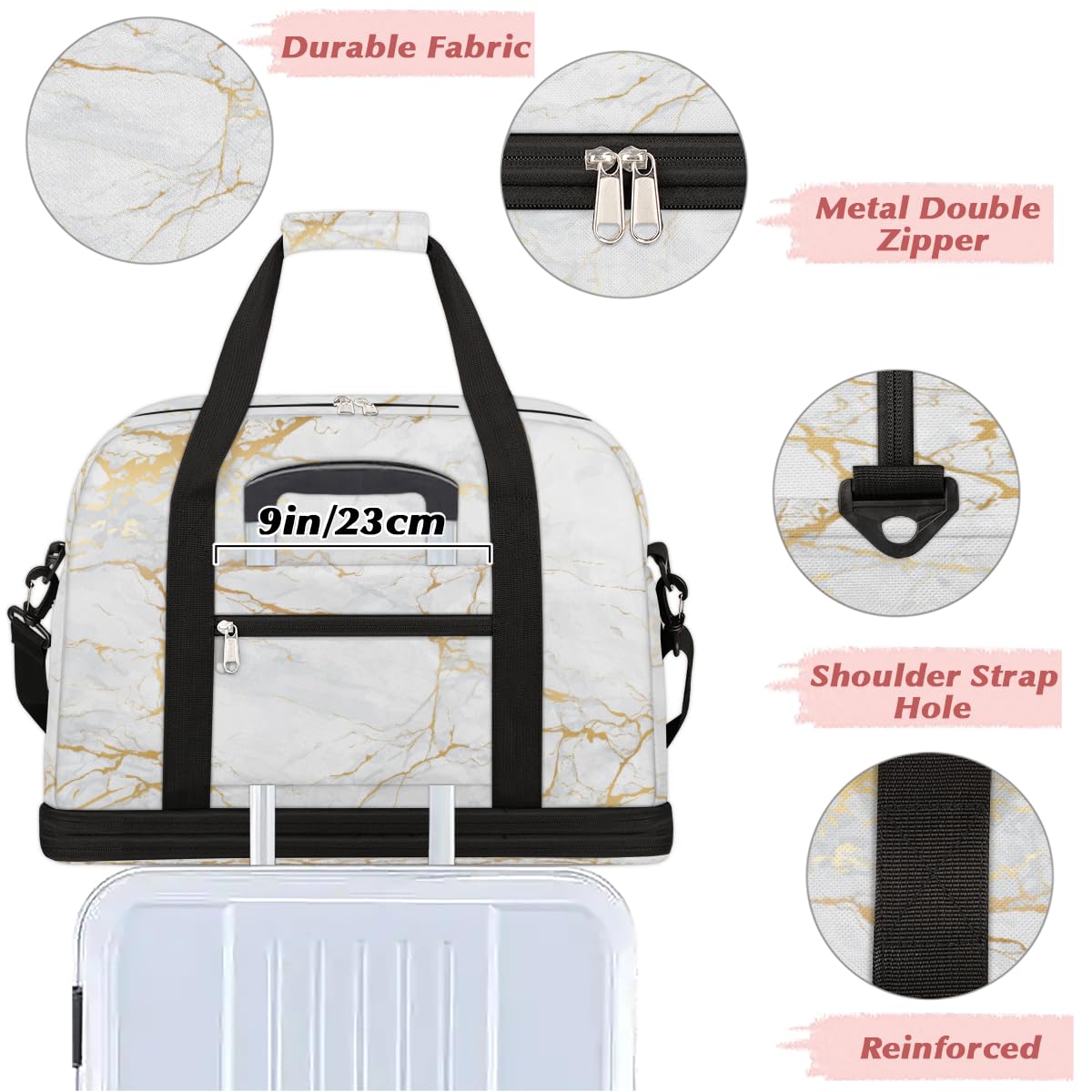 Bolsa de viaje plegable de mármol con estampado de mármol de 47 l, bolsa de fin de semana con manga de carrito bolsa de hombro separada húmeda para deportes, gimnasio, viajes, multicolor, 47L, Bolsa