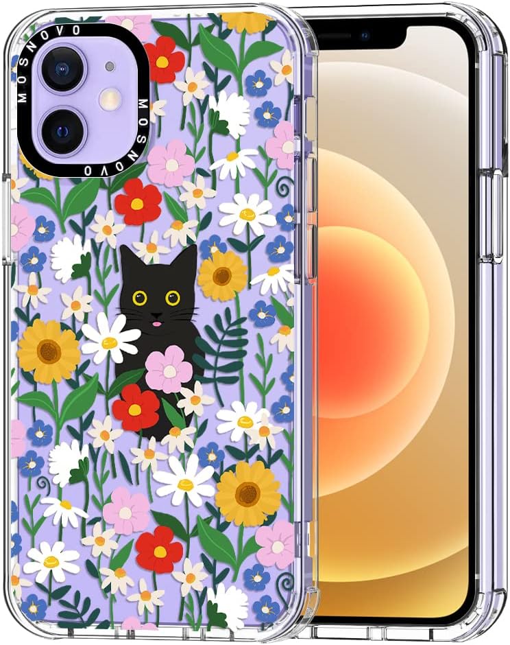 MOSNOVO Compatible with iPhone 12 Case, [Buffertech 6.6 ft Drop Impact] [Anti Peel Off Tech] Clear TPU Bumper Phone Case Cover Cute Black Cat in Garden Designed for iPhone 12/12 Pro 6.1"
