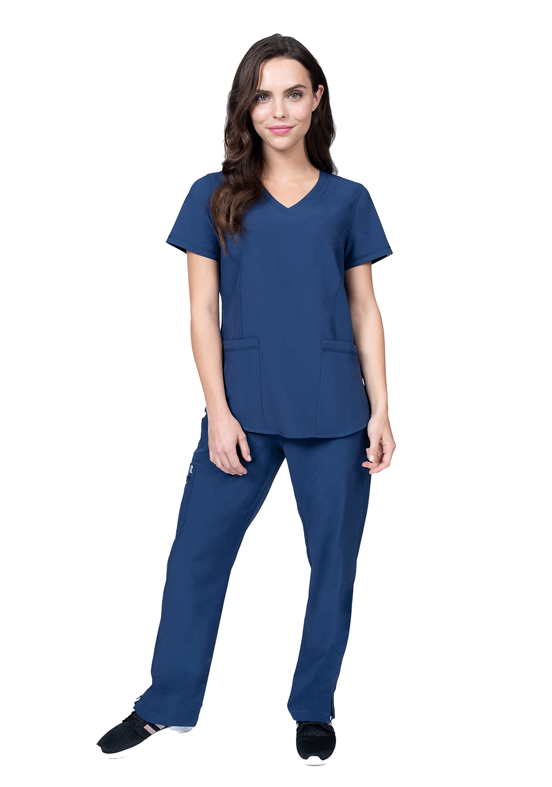 Scrubs for Women Set 8 Pocket 4-Way Stretch Mock Wrap & Cargo Pant for Nurses Veterinarian Dentist Elements Select ES2976 (Navy, Large)