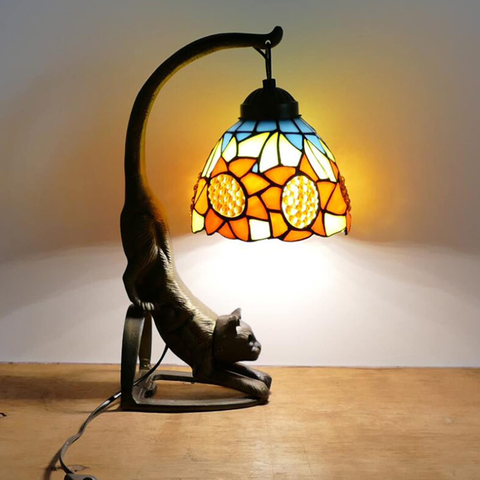 AIBOTY Bedside Lamp, Mini Night Light, Tiffany Lamp, Stained Glass Lamp, Small Table Lamp with Cat Alloy Base, Kids Bedroom Nightstand Desk Accent Lamp for Animals Kitty Lover,L