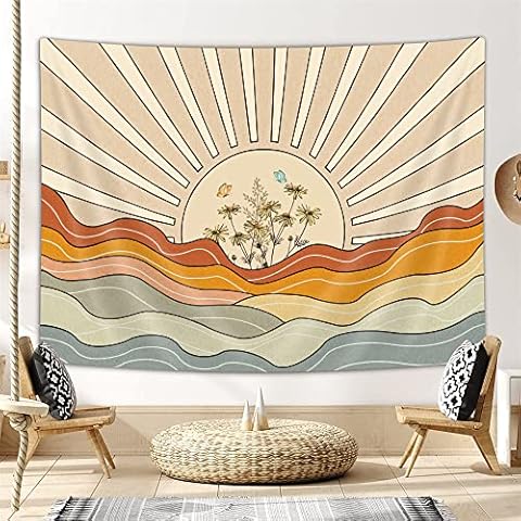 Boho Great Wave Tapestry, Retro Abstract Floral Geometric Burning Sun Tapestries Minimalist Rainbow Beige Classroom Tapestry Wall Hanging for Bedroom Hippie Poster Living Room College, 60X40IN Cover