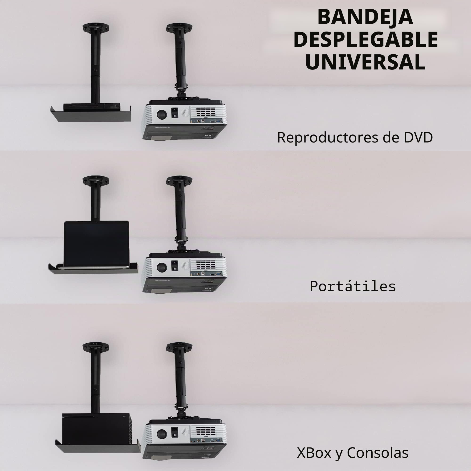 VIVO Soporte universal para bandeja de proyector extensible de techo, proyección ajustable en altura, instalación sin agujeros, enrutamiento de cables oculto, negro, MOUNT-VP08B