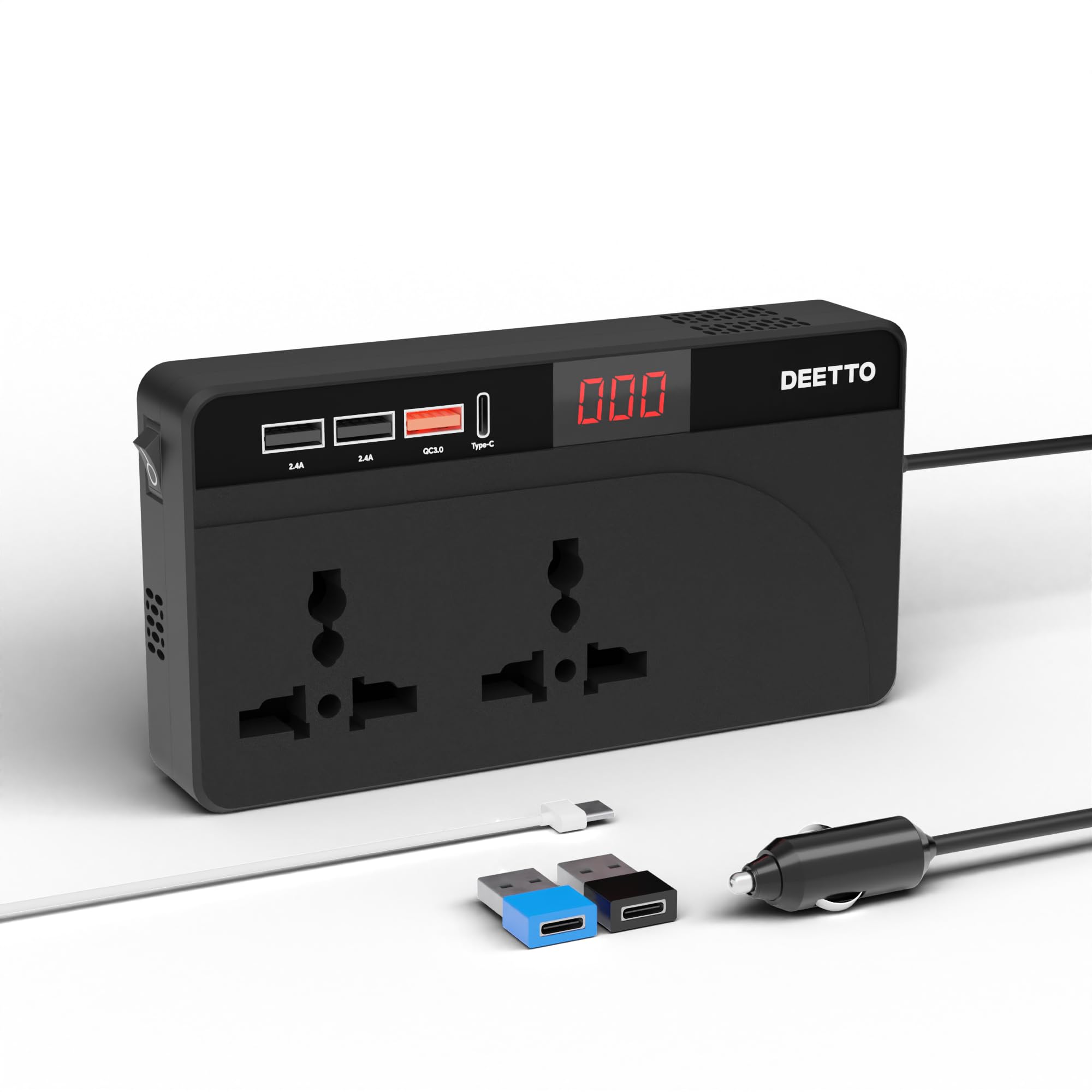DEETTO 150W Car Laptop Charger/Power Inverter with 2 USB(3.1A Max) + 1 C Type(1 * 18W PD) Smart USB Charging Ports, 12V DC to 220V AC, 2X Universal AC Outlet Black (B0CR91BZ2B) Amazon Price History, Amazon Price Tracker