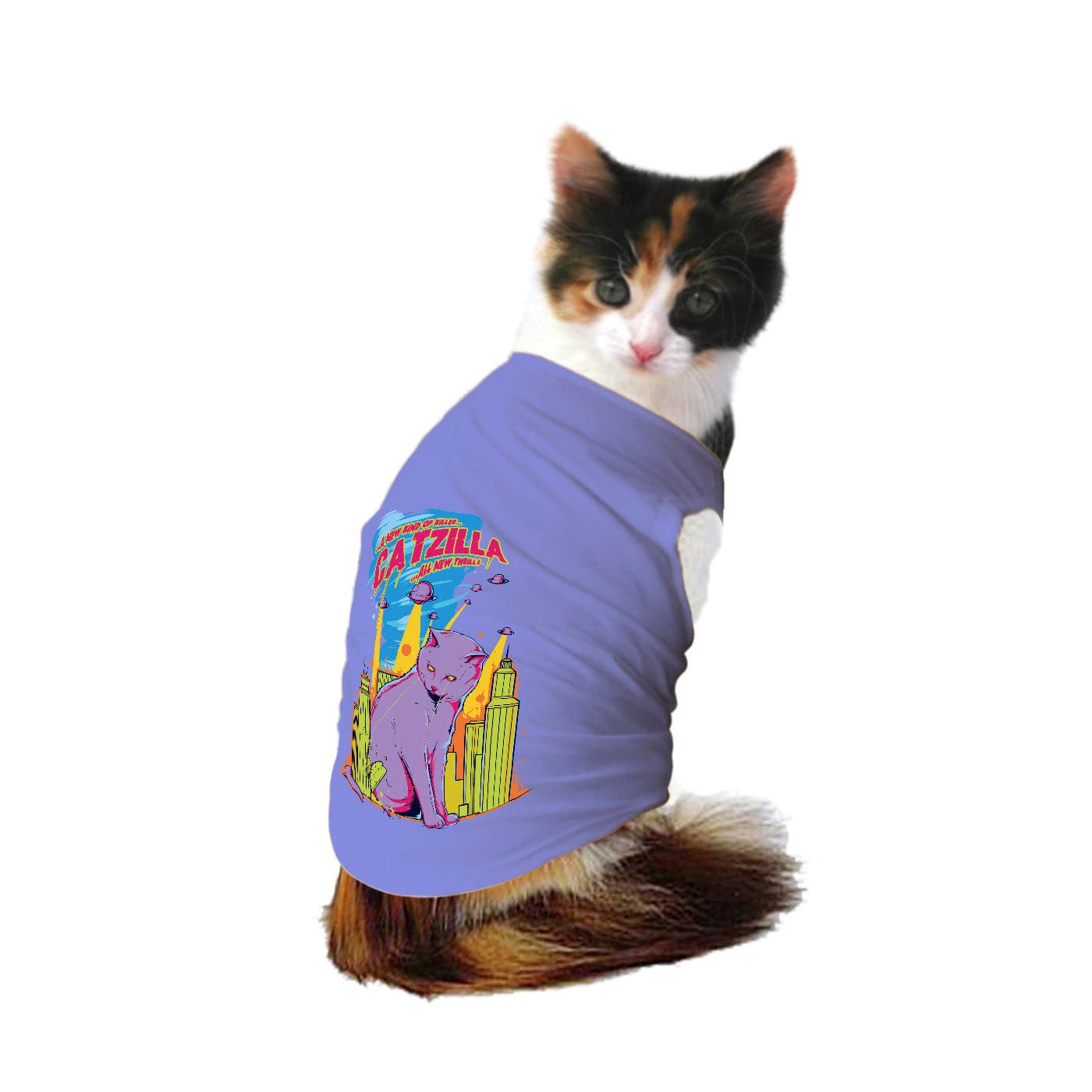 Ruse Pet Summer Catzilla-2" Printed Round Neck Sleeveless Cat Vest Tank T-Shirt/Tees Apparel/Clothes/Tees Gift for Cat.(Lavender) L (B09ZJ6MRM7) Amazon Price History, Amazon Price Tracker