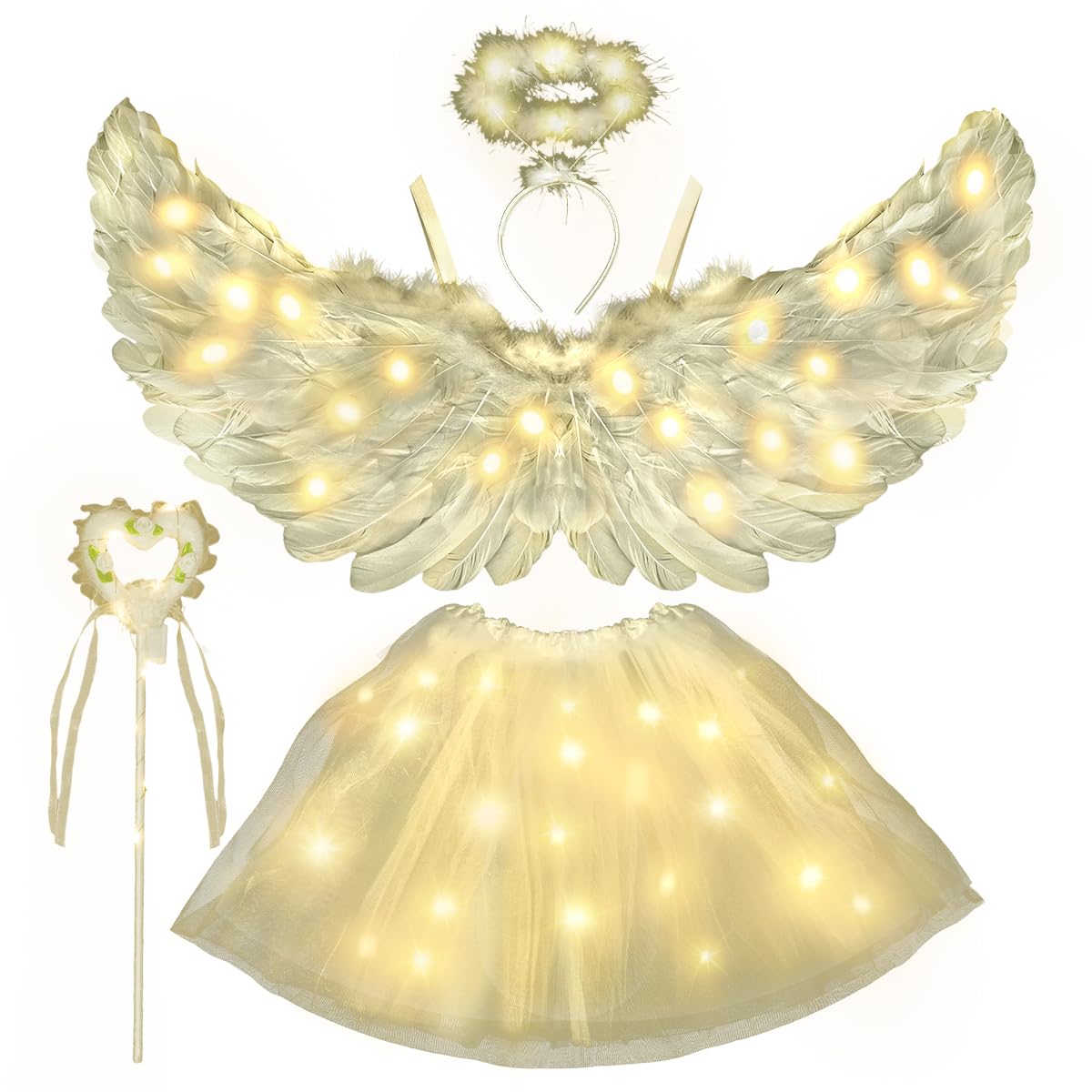 VillbeCoser Angel Wings Costume for Girls, Light Up Angel Wings, Halo Headband, Tutu Skirt, Fairy Wand All Come with LED Lights for Kids Halloween Cosplay Dress Up Party 4Pcs (Warm-Light)