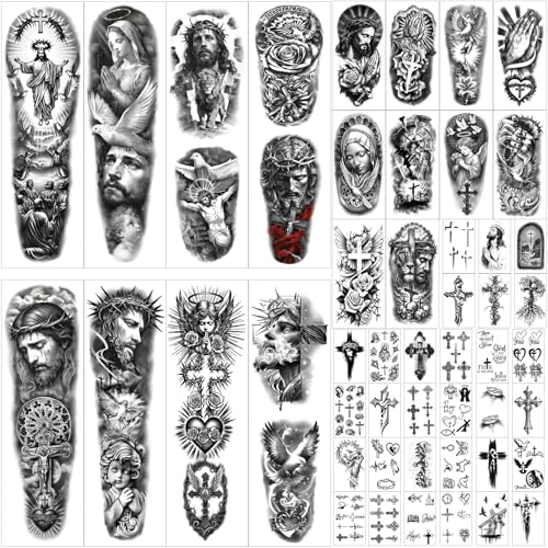 48 PCS Large Christian Temporary Tattoos Stickers Adult Men Women Kids Full Half Arm Sleeve Jesus Cross God Christ Catholic Religious Realistic Body Shoulder Arm Fake Tattoos Stickers Waterproof