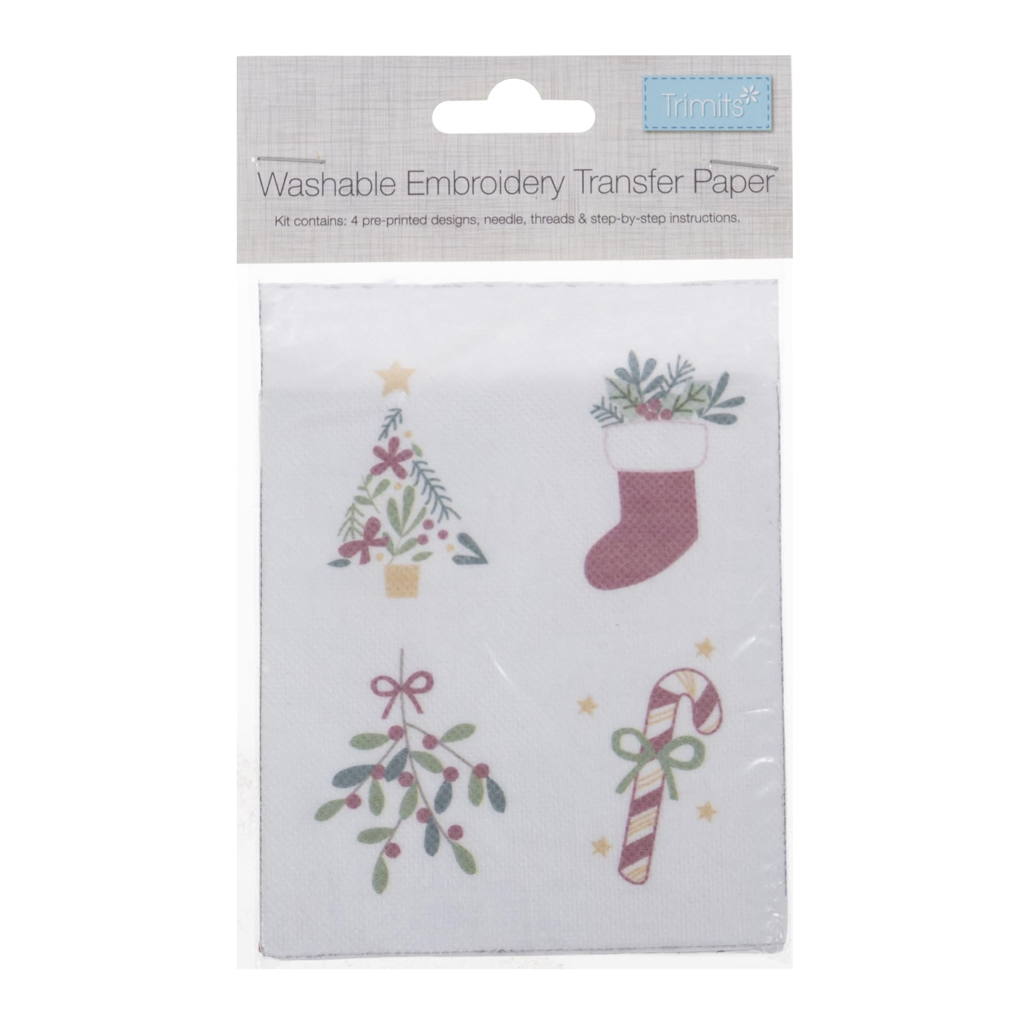 Trimits Christmas Embroidery Designs – 4 Designs, Transfer Sheets with Washable Water-Soluble Pre-Printed Patterns for Stockings, Napkins, Jumpers. Instructions, Thread, Needles Included