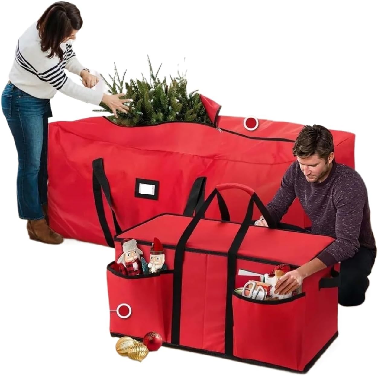 2 Pcs Christmas Tree Storage Bag for 9ft Artificial Trees & 4 Piece Ornament Storage Box, Waterproof & Tear Resistant, Zipper, Christmas Decoration Storage Set