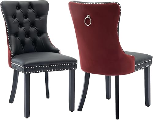 Miniatura 95 de Juego de 4 sillas de comedor de terciopelo beige, sillas tapizadas modernas para comedor con respaldo capitoné y acentos de madera, patas curvas de