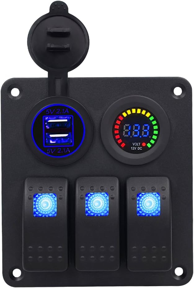 Marine/Boat Car Switch Panel 3 Gang with 1 Charger With 2 USB Slot and a Voltage Monitor Blue LED Light 3pin On/off Rocker Switch.