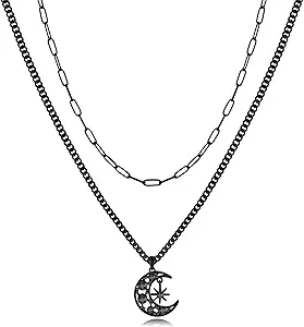 WOWORAMA Gothic Black Moon Necklace for Women Halloween Layered Black Chains Crescent Moon Sun Necklaces Dark Punk Goth Necklace Halloween Christmas Goth Jewelry